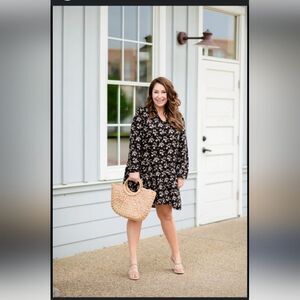 Goodthreads dress long sleeve fall v neck black mustard Yellow womens Floral M